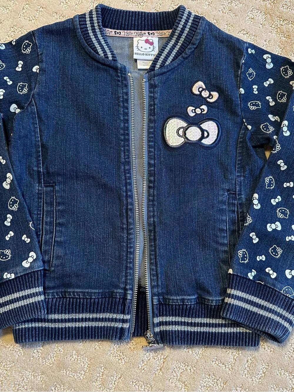 Hello Kitty by Sanrio Girls Denim Varsity Jacket Blue Pink Sequin Size 5